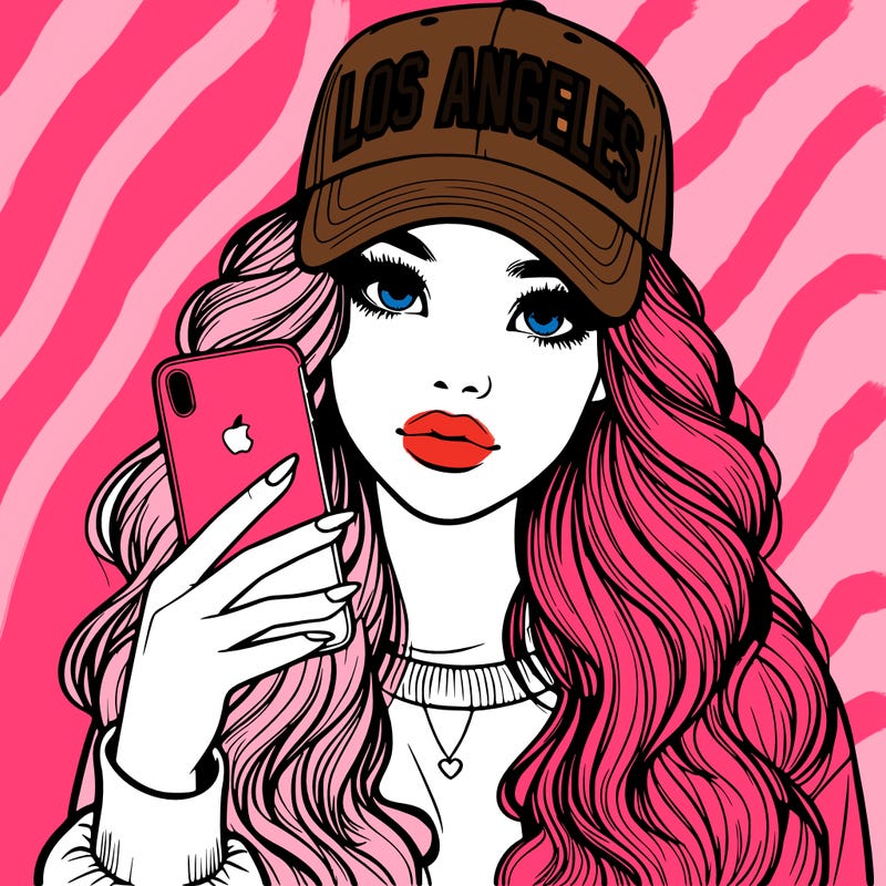 realistic beautiful girl wearing los ángeles cap holding an iphone