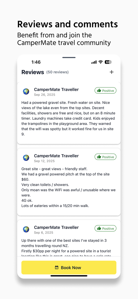CamperMate Australia & NZ - CamperMateアプリのスクリーンショット。キャンプ場のユーザーレビューと評価を表示しています。