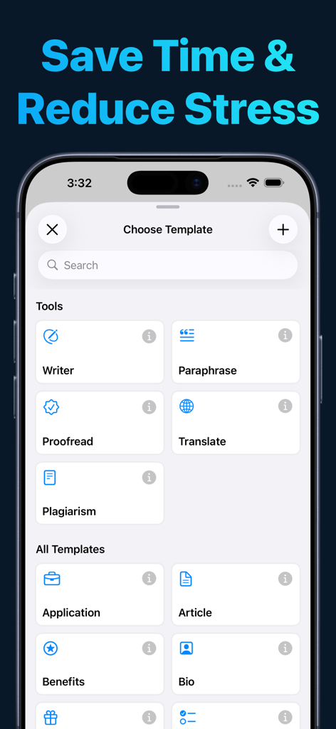 AI Writer app screen displaying various writing tools and templates like paraphrase, proofread, and translate to help users save time.
