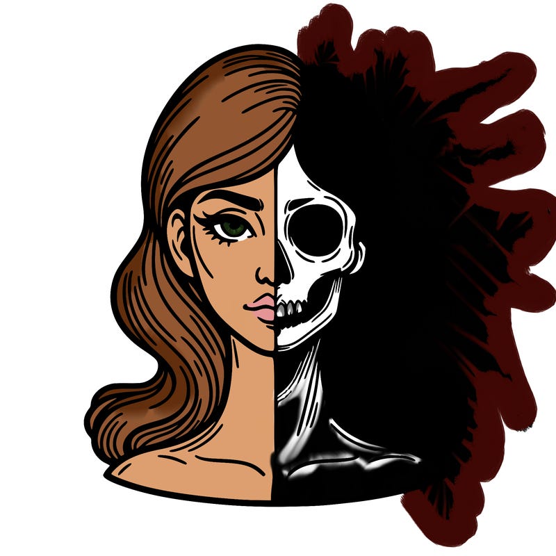 bust of a woman, half face and hair, half skull