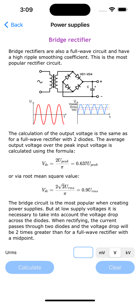 Electronic Circuits Calc Pro - Screenshot of the bridge rectifier calculation page showing circuit diagram formulas and input fields for electrical engineering