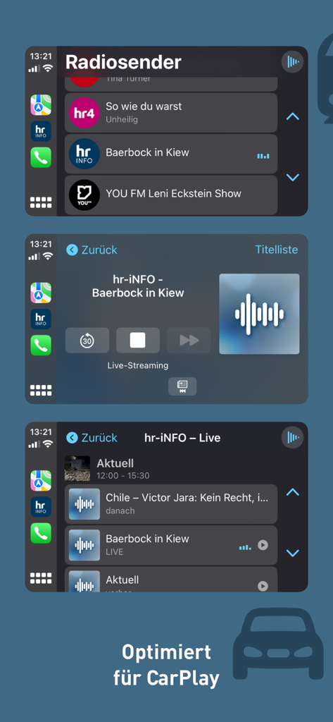 hr-iNFO App - Interface of hr-iNFO app optimized for Apple CarPlay showing radio station lists and audio playback controls