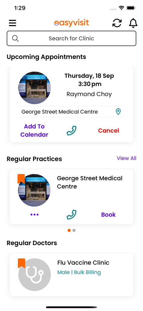EasyVisit - EasyVisit app dashboard displaying upcoming medical appointments and regular clinics.