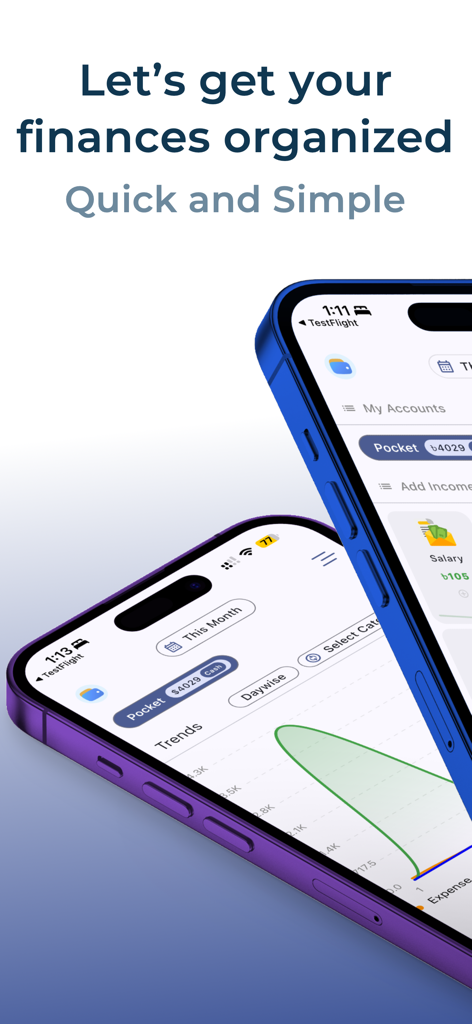 Dois iPhones exibindo a interface do aplicativo de orçamento Expense Track com tendências de gastos e detalhes da conta