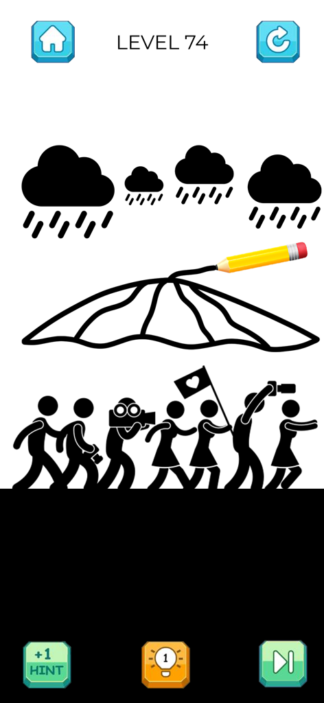 Le niveau 74 de Save The Stickman montrant un parapluie dessiné protégeant des bonshommes de la pluie