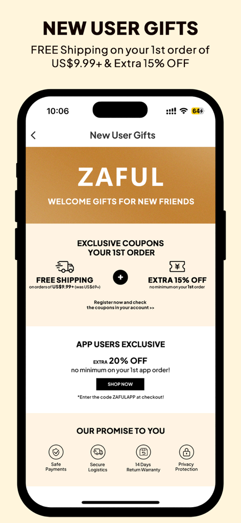 ZAFUL - My Fashion Story - ZAFULファッションアプリの新規ユーザーギフトとクーポンの画面