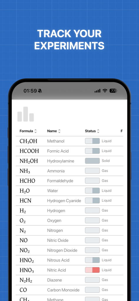 Alcyone - A mobile app screen showing a list of chemical compounds with their molecular formulas and physical states