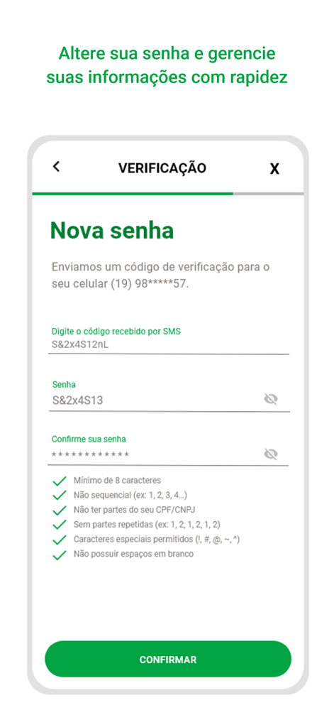 Interface pour changer de mot de passe et vérification de compte dans l'application mobile Neoenergia