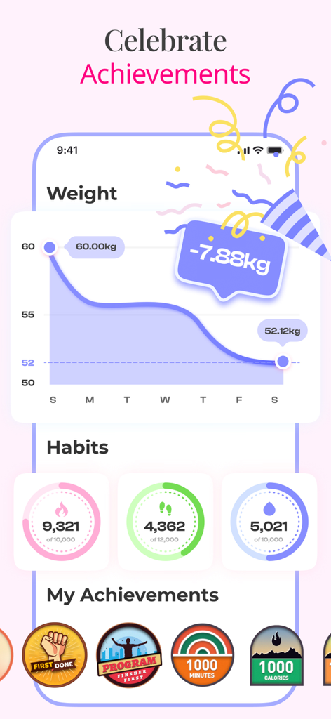 Wall Pilates Challenge:WallFit - A fitness app screen showing a weight loss graph, daily habit trackers, and earned achievement badges.