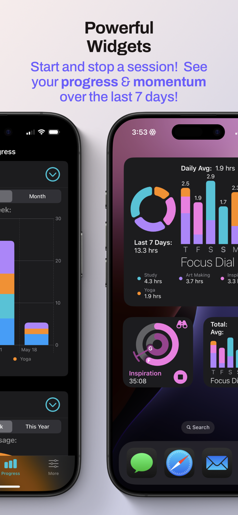 Focus Dial - Focus Dial app widgets on an iPhone home screen showing focus time charts and activity progress.