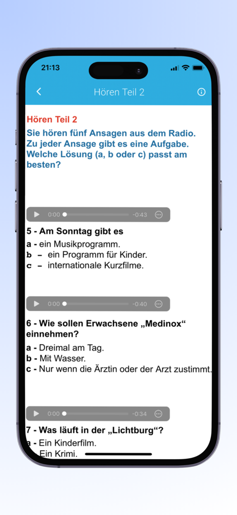 نماذج امتحان المانية - German language listening exam practice screen with audio controls and multiple choice questions