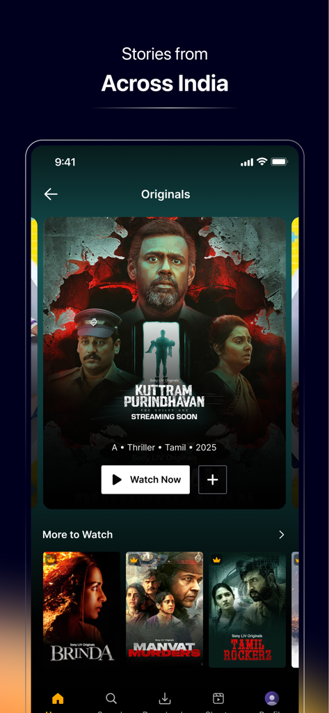 Sony LIV - Schermata dell'app Sony LIV con serie web originali indiane e contenuti regionali da tutta l'India.