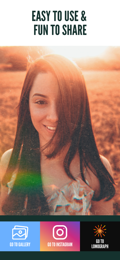 1967: Retro Filters & Effects - Interfaz de la aplicación de filtros de película vintage mostrando el retrato de una mujer y opciones para compartir en Instagram o guardar en la galería