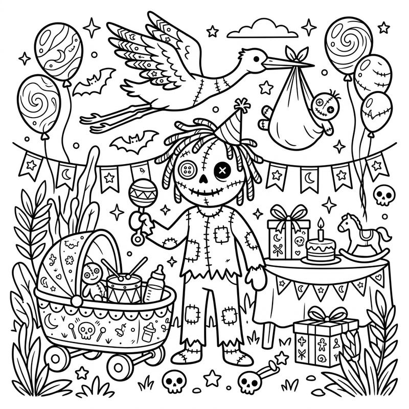 Get ready for a baby shower like no other with this delightfully spooky Voodoo Zombie coloring page. Adorned with festive decorations and playful voodoo-themed elements, it's perfect for a unique coloring experience.