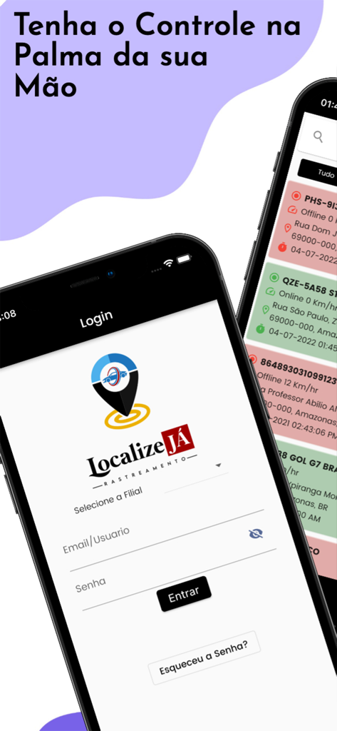Localize JA Rastreamento - Tela de login do aplicativo de rastreamento veicular Localize JA Rastreamento com uma lista de veículos rastreados ao fundo.