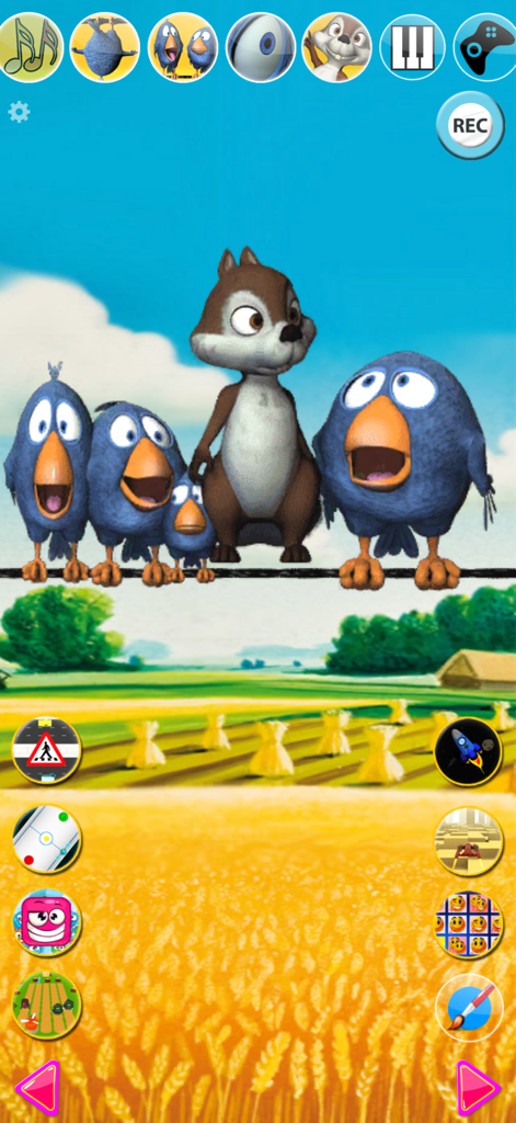 Talking Birds On A Wire - Talking birds and a squirrel sitting on a wire above a wheat field with various mini game icons