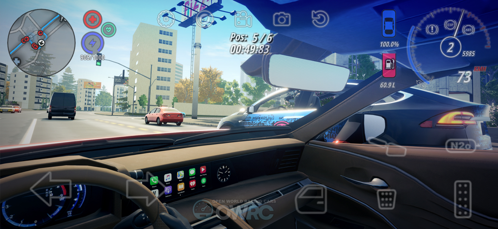 OWRC: Open World Racing Cars - Vista de cabina 3D en primera persona de un coche de carreras en el juego móvil de mundo abierto OWRC