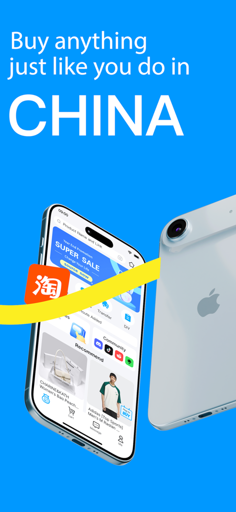 Hipobuy app promotional screen showing an iPhone with the slogan Buy anything just like you do in China and a super sale banner.