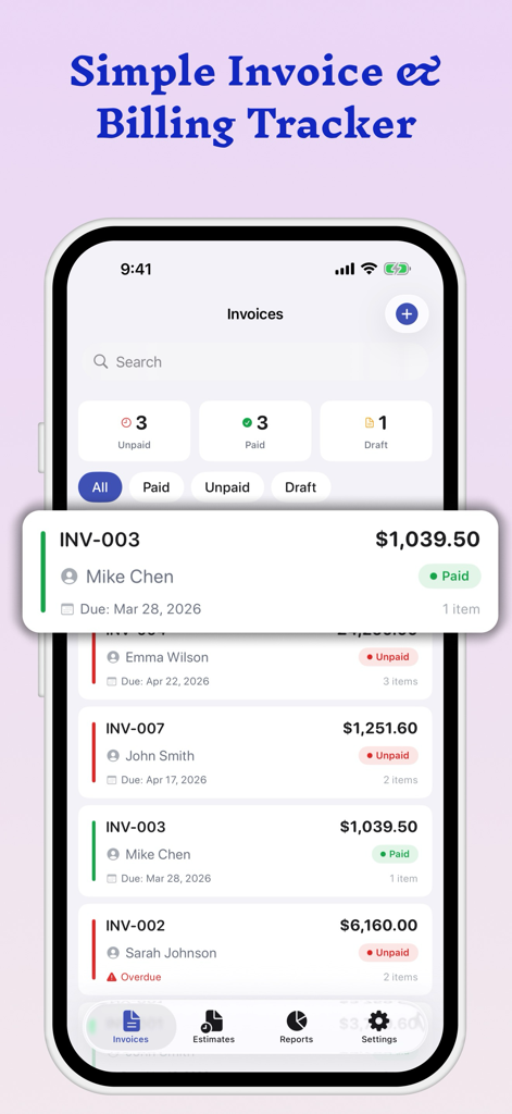 Invoice Maker Estimate Billing - Interfaz de la aplicación móvil que muestra una lista de facturas profesionales con estados de pago: pagadas y pendientes.