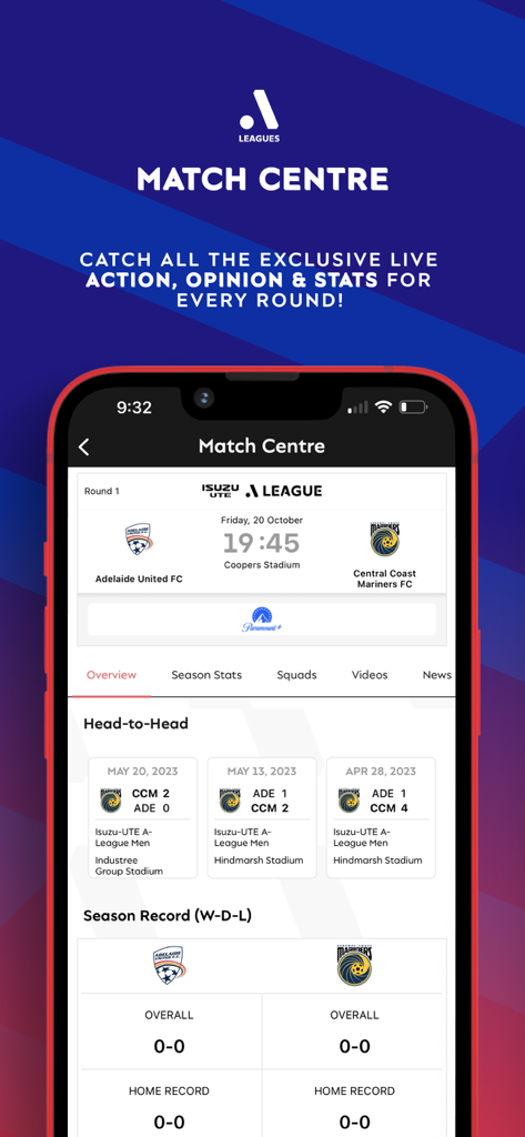 A-Leagues & Clubs Official App - Pantalla del Centro de Partidos de la aplicación A-Leagues que muestra estadísticas de partidos de fútbol y registros históricos