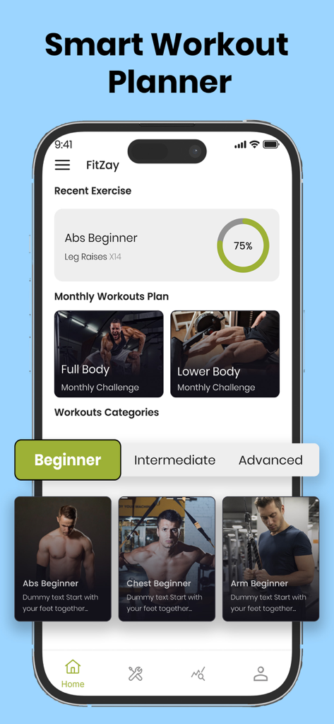 FitZay app home screen showing smart workout planner with beginner exercise categories and progress tracking