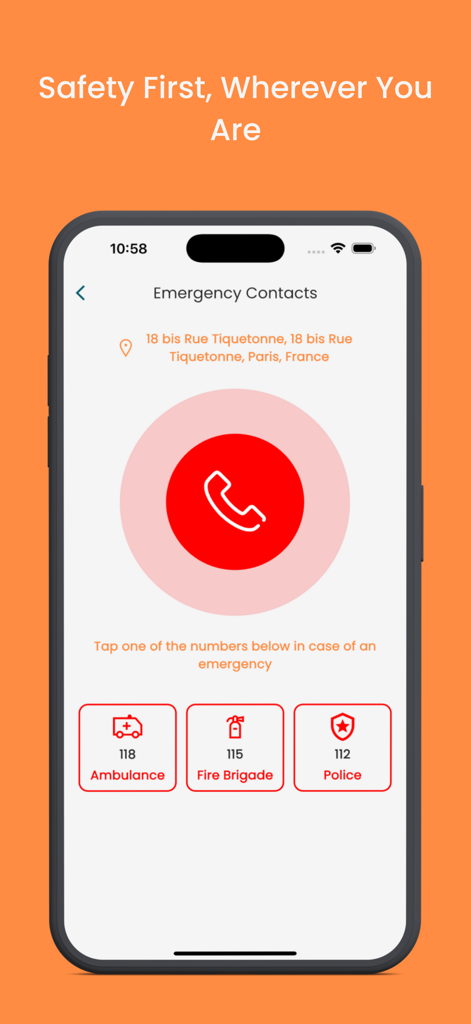TourAI - AI Travel Planner - TourAI App-Bildschirm für Notfallkontakte, der lokale Notrufnummern für Polizei, Feuerwehr und Krankenwagen basierend auf dem Standort des Benutzers anzeigt