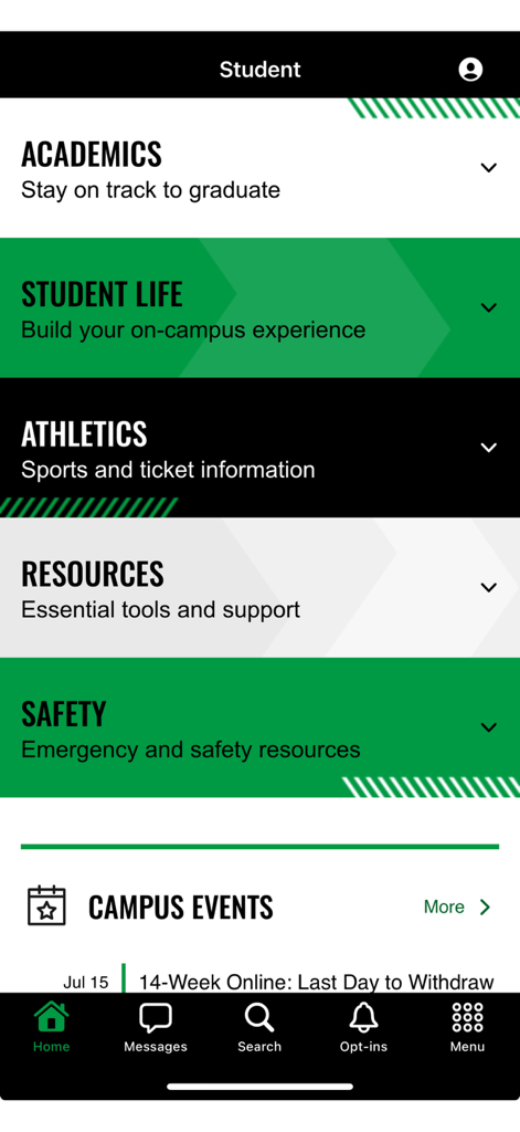 My UND - The My UND student dashboard showing menu options for academics student life athletics resources and safety