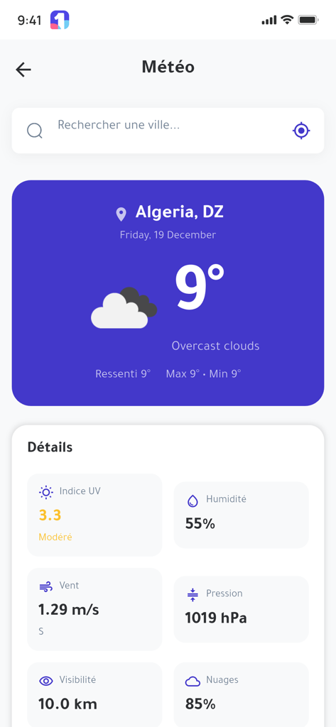 1tik - Weather interface of the 1tik app showing current conditions for Algeria