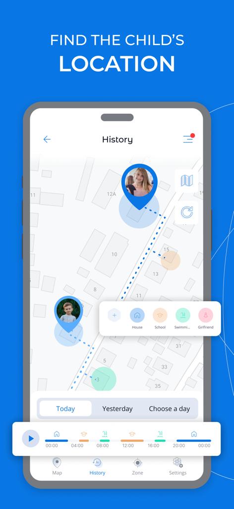 Interfaz de la aplicación Kroha que muestra el rastreo de ubicación GPS en tiempo real e historial de niños en un mapa