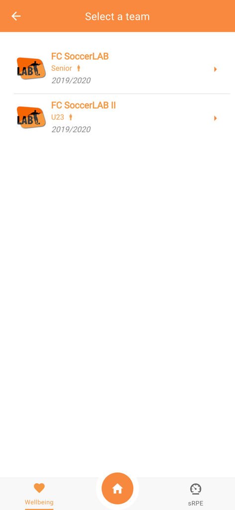 SoccerLAB Team - A team selection interface in the SoccerLAB Team app showing senior and U23 squads