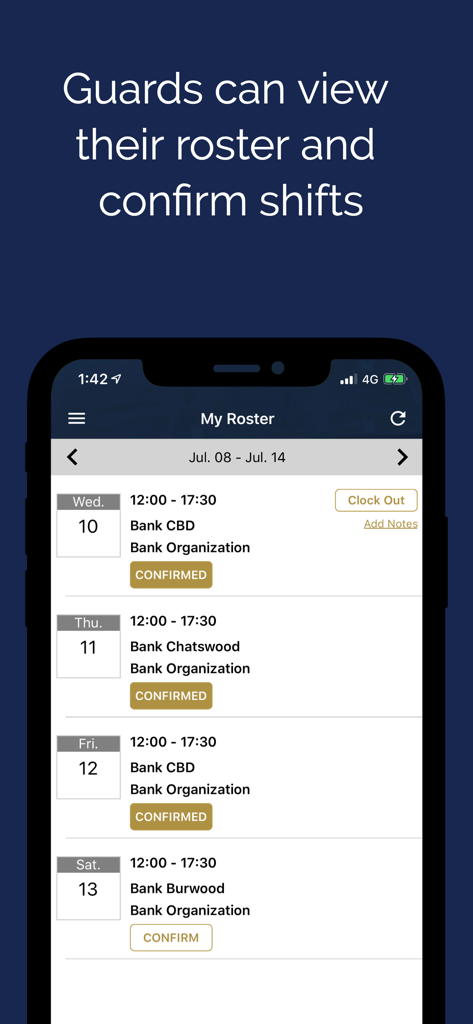 Pantalla de la aplicación móvil que muestra una lista de guardias de seguridad con turnos programados y estado de confirmación.