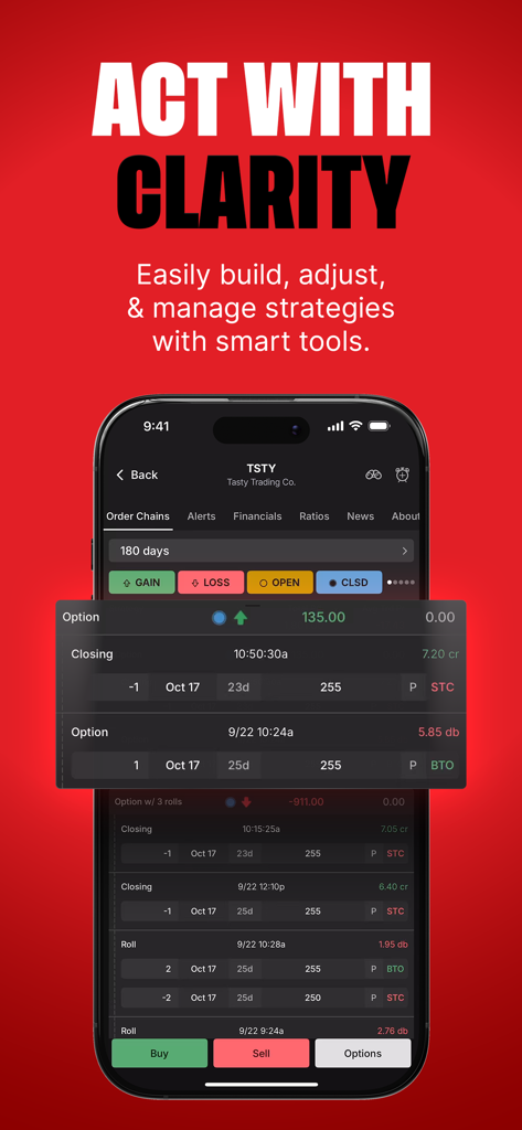 tastytrade: Invest & Trade - tastytrade mobile app showing options order chains and trading strategy management tools