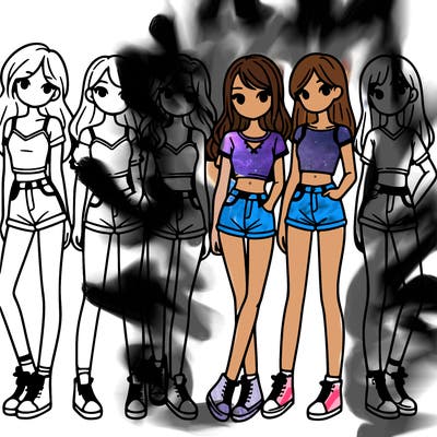 a group of girls wearing crop tops and shorts