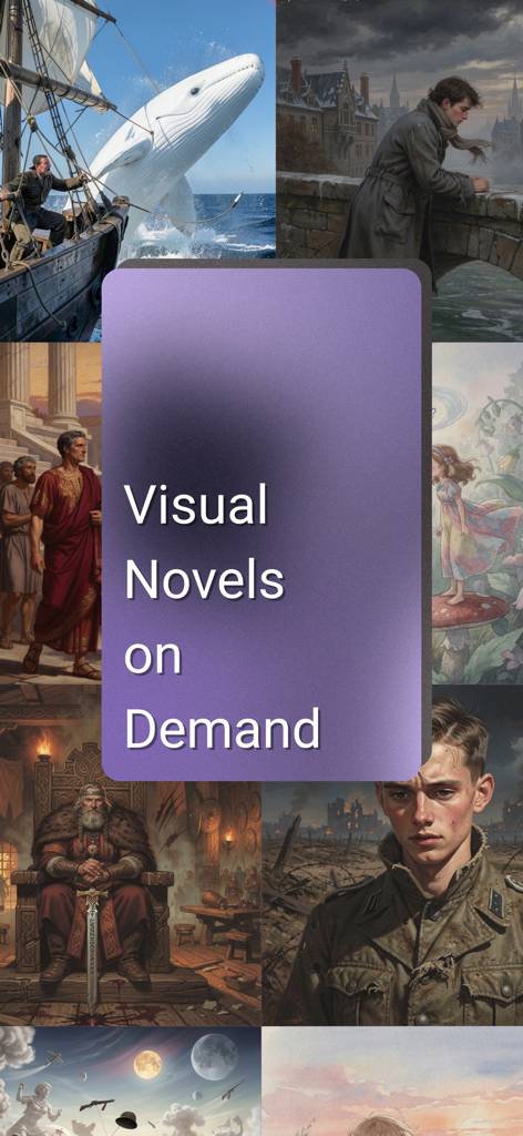 Fabl – Immersive Reading - A collage of AI generated illustrations for classic literature scenes with the text Visual Novels on Demand