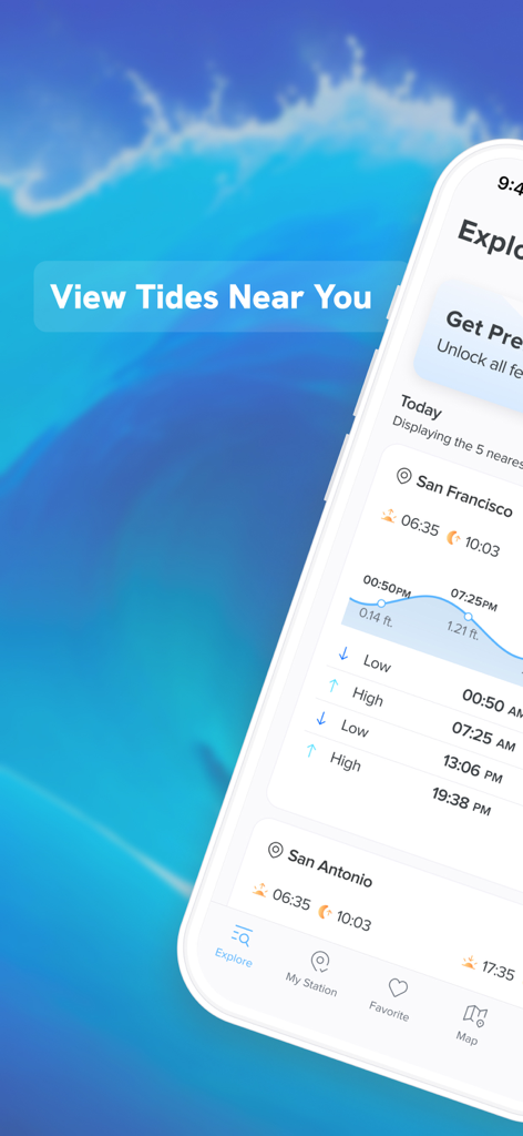 NOAA Tide Chart & Forecast - Aplicación NOAA Tide Chart que muestra pronósticos y cartas de mareas locales para estaciones cercanas.