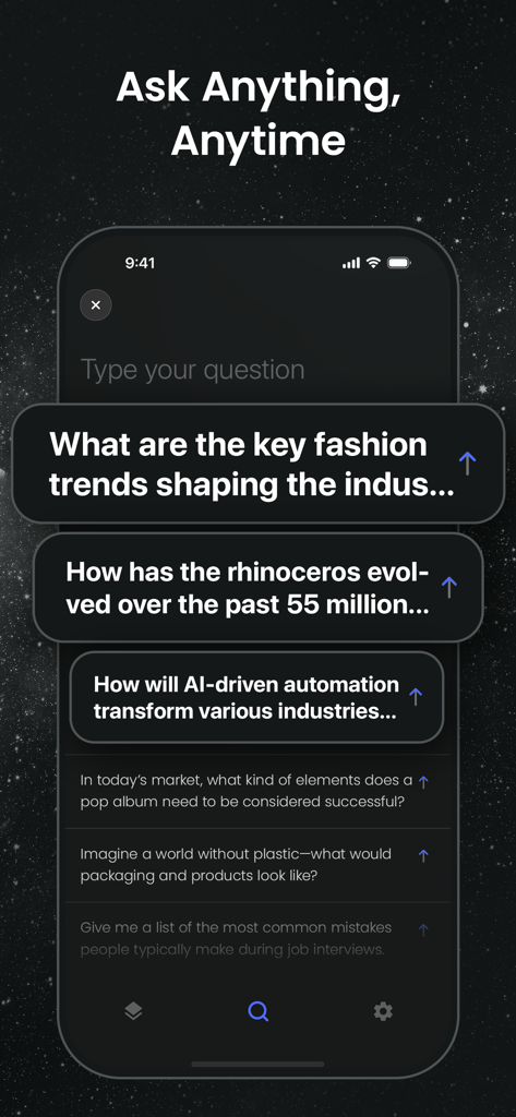 A mobile interface for the Inscope AI browser showing several search query examples on a dark starry background.