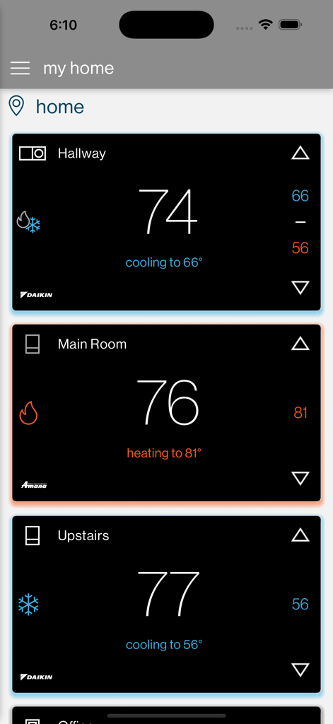 SkyportHome - SkyportHome app dashboard showing multi-zone temperature control for a smart home