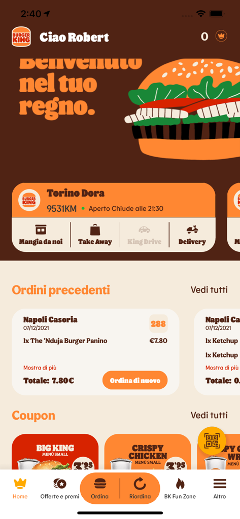 Burger King Italia - Burger King Italia app home screen showing restaurant options previous orders and coupons