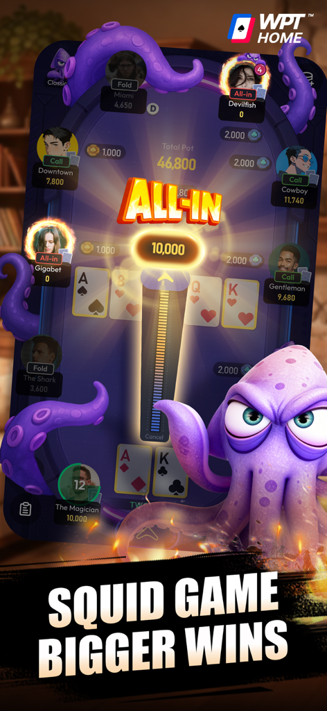 WPT HOME - Holdem game - WPT HOME poker app showing the Squid Game mode and players going all-in at the table