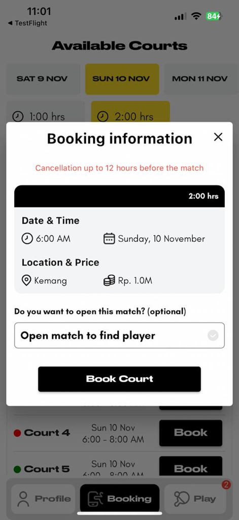Milos Padel - Mobile app screen showing a booking information popup for a padel court with date time and price details