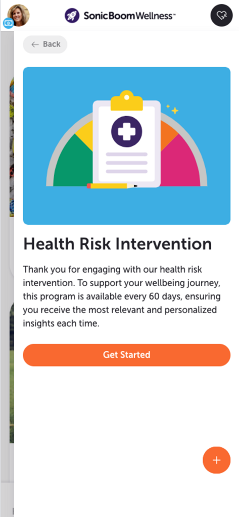 Sonic Boom Wellness - Sonic Boom Wellness app screen for Health Risk Intervention showing a Get Started button and program description