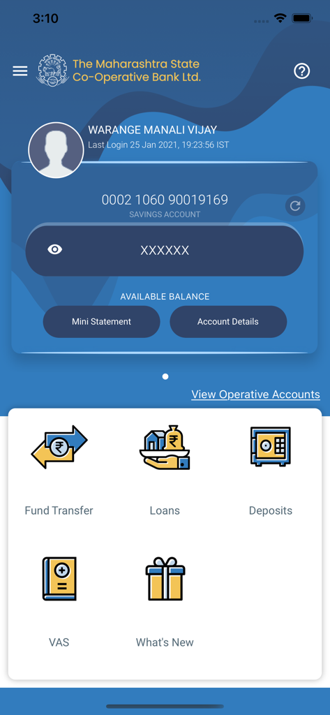 MSC Bank - Panel principal de la aplicación móvil MSC Bank con saldo de cuenta y opciones de transferencia de fondos.