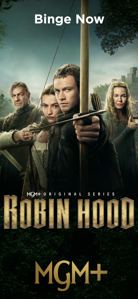 Promotional poster for the MGM Plus original series Robin Hood featuring the lead characters and a man with a bow