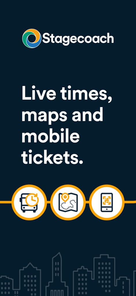 Stagecoach Bus app screen highlighting features like live times, maps, and mobile tickets.