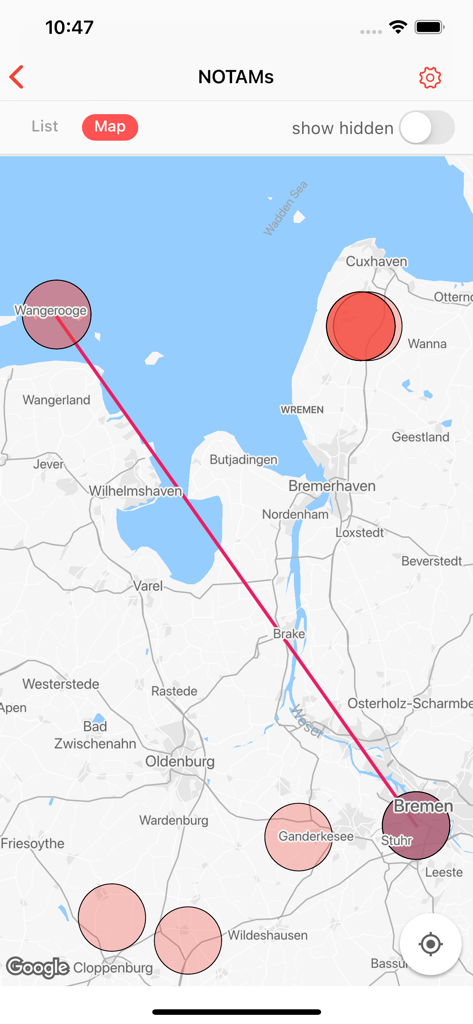 Vue cartographique de l'application NOTAM Briefing affichant les avis de sécurité aérienne et les restrictions de vol le long d'un itinéraire