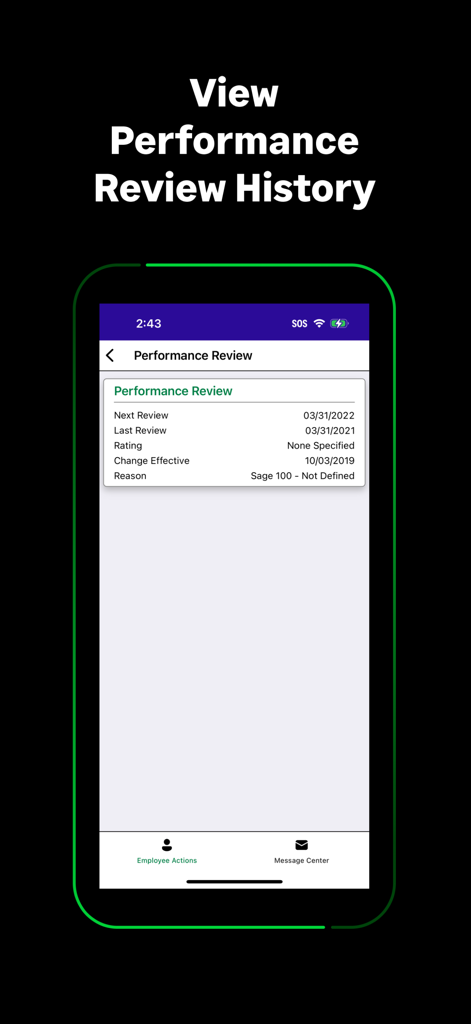 Sage HRMS - Sage HRMS app screen displaying employee performance review history