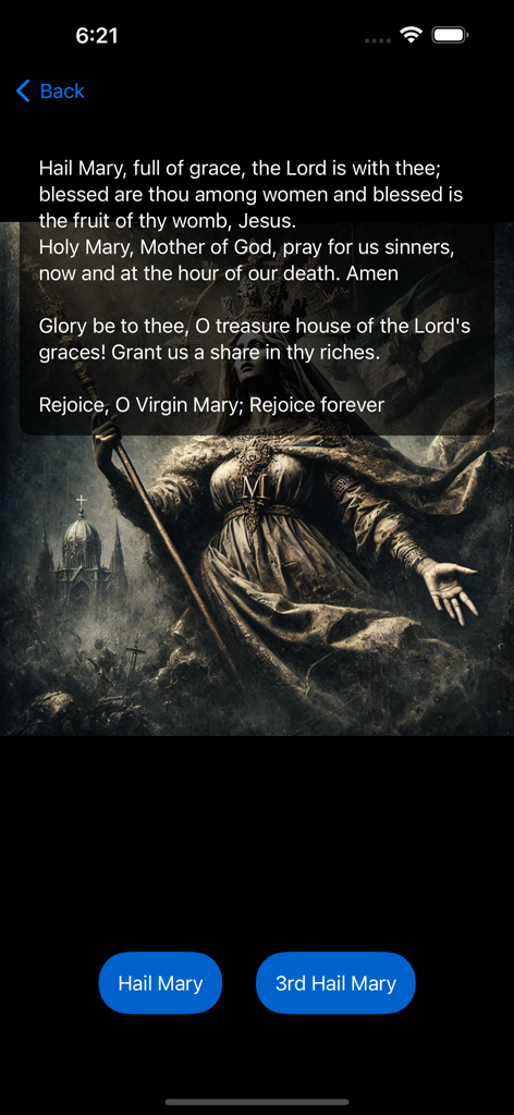 Little Crown of Mary - The Little Crown of Mary app prayer screen featuring the Hail Mary text and religious artwork.