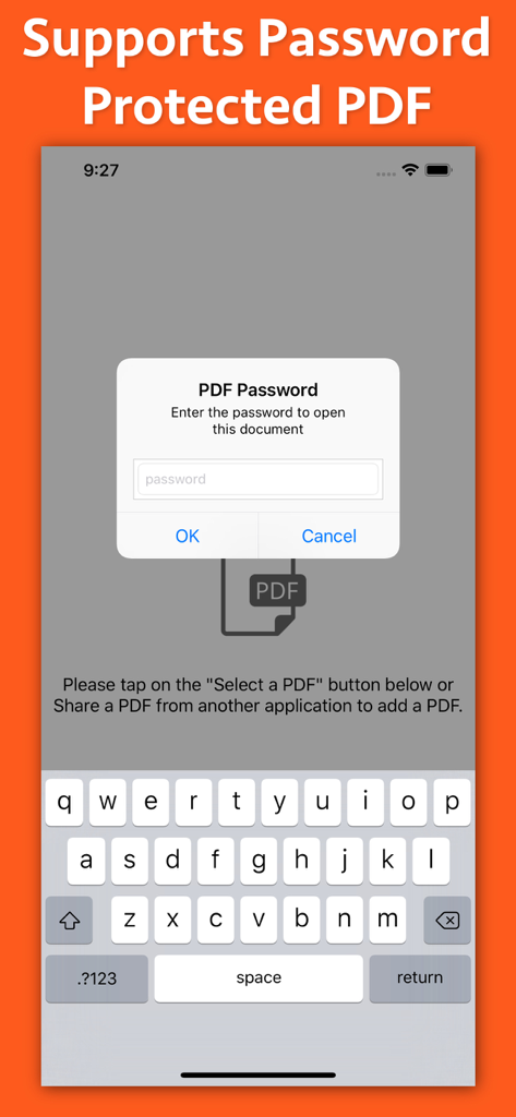 保護されたドキュメント用のパスワード入力ポップアップを表示するPDFマークアップアプリのインターフェイス