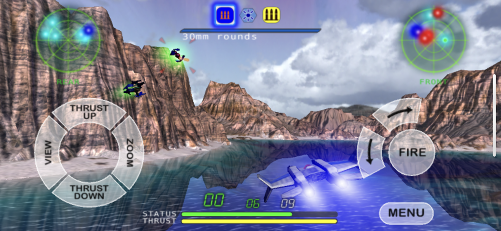 Third-person view of a spaceship flying over a mountainous canyon in the Nemesis 3D space shooter game.