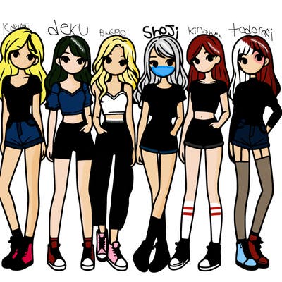 a group of girls wearing crop tops and shorts